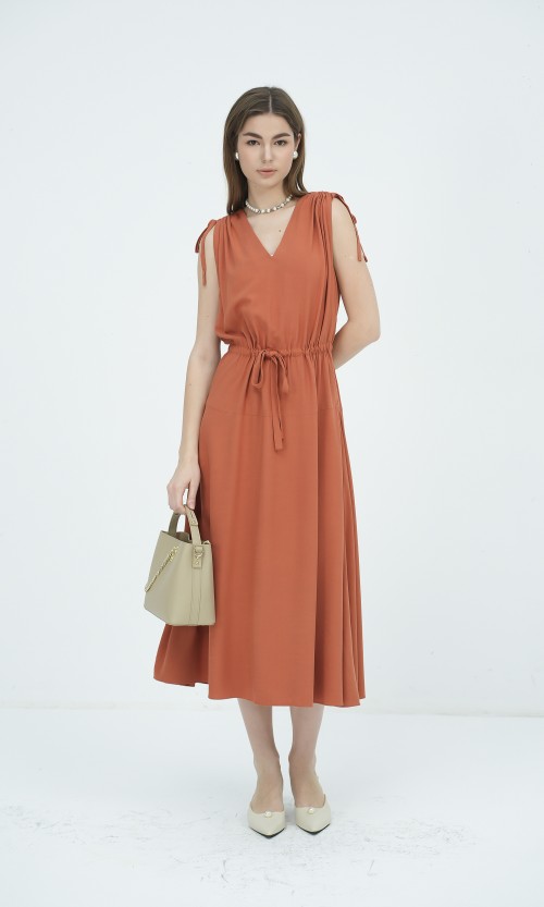 G-Ochre V-Neck Woven Flared Dress